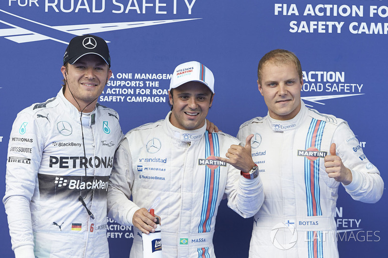 Polesitter Felipe Massa, Williams F1, second place Valterri Bottas, Williams F1, and third placeNico