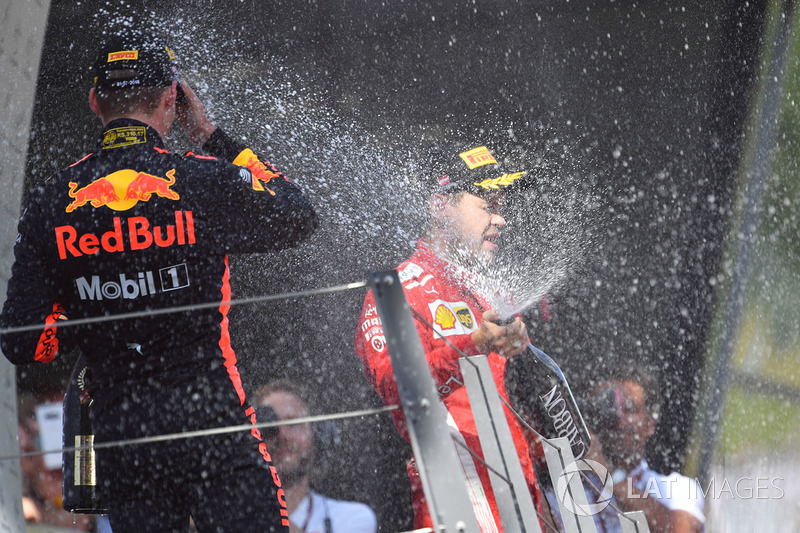 Max Verstappen, Red Bull Racing and Sebastian Vettel, Ferrari celebrate on the podium with the champagne