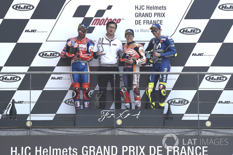 Podium: second place Danilo Petrucci, Pramac Racing, winner Marc Marquez, Repsol Honda Team, third place Valentino Rossi, Yamaha Factory Racing