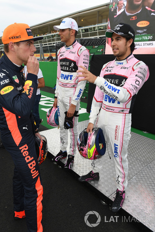Esteban Ocon, Sahara Force India F1, Sergio Perez, Sahara Force India and Max Verstappen, Red Bull Racing