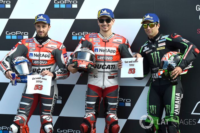 Pole, Jorge Lorenzo, Ducati Team, 2º Andrea Dovizioso, Ducati Team, 3º Johann Zarco, Monster Yamaha Tech 3