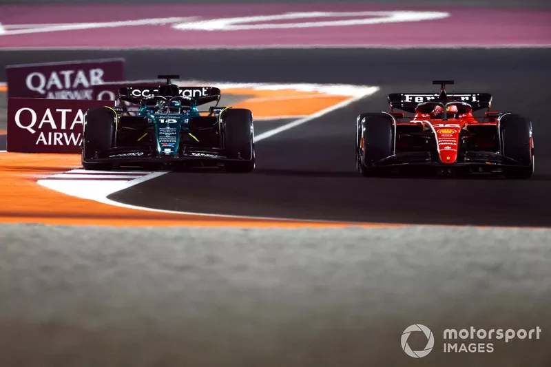 Lance Stroll, Aston Martin AMR23, lotta con Charles Leclerc, Ferrari SF-23