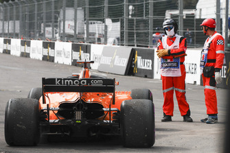 Car of Fernando Alonso, McLaren MCL33 after retiring from the race
