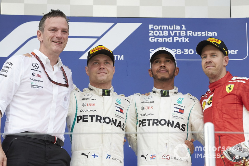 James Allison, Mercedes AMG F1 Technical Director, Valtteri Bottas, Mercedes AMG F1, Lewis Hamilton, Mercedes AMG F1 and Sebastian Vettel, Ferrari celebrate on the podium