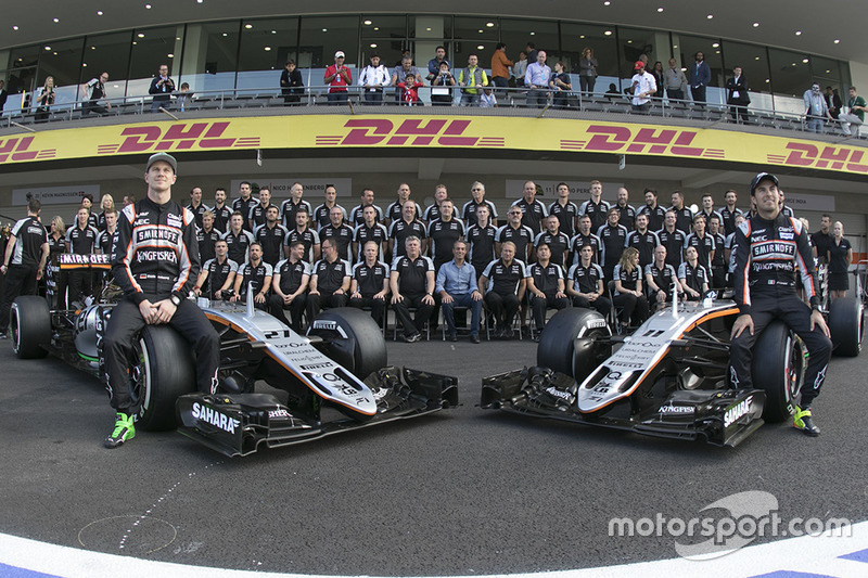 Sesion de fotos del equipo Sahara Force India con Nico Hulkenber. Sahara Force Inida y Sergio Pérez, Sahara Force India y Carlos Slim Presidente de América Móvil