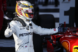Lewis Hamilton, Mercedes AMG, 2nd Position, celebrates in Parc Ferme