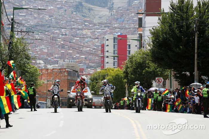 #42 Hero MotoSports Team Rally: CS Santosh, #8 Himoinsa Racing Team KTM: Gerard Farrés, #87 Team Pedrega KTM: Cristian España, #12 Sherco TVS Rally Factory: Joan Pedrero