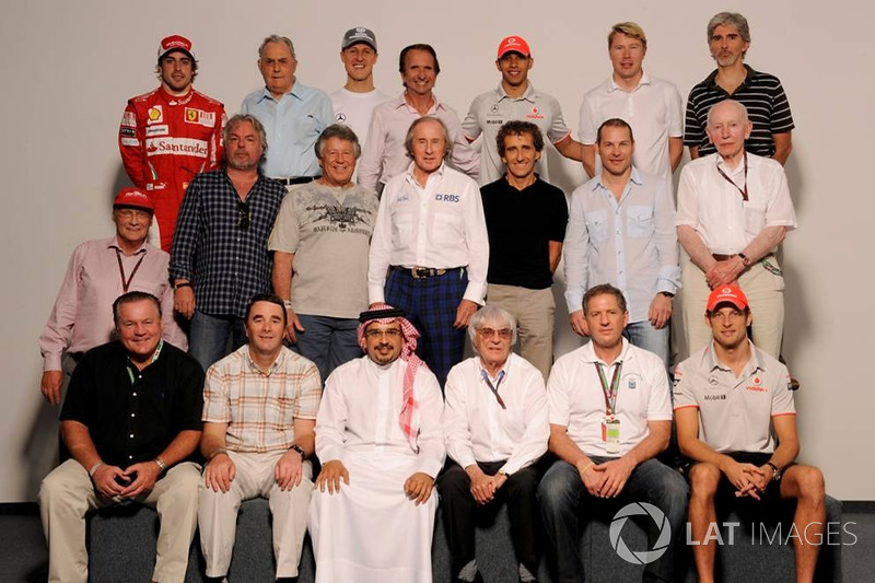 The F1 World Champions Group Photo: Fernando Alonso, Ferrari, Jack Brabham, Michael Schumacher, Mercedes, Emerson Fittipaldi, Lewis Hamilton, McLaren, Mika Hakkinen, Damon Hill, Niki Lauda, Keke Rosberg, Mario Andretti, Jackie Stewart, Alain Prost, Jacques Villeneuve, John Surtees, Alan Jones, Nigel Mansell, Crown Prince Shaikh Salman bin Isa Hamad Al Khalifa, Bernie Ecclestone, CEO Formula One Group, Jody Scheckter, Jenson Button