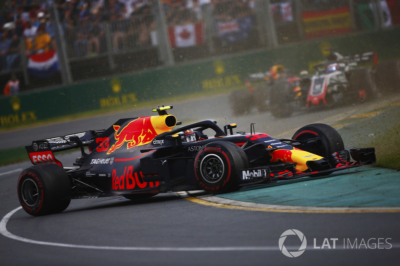 Max Verstappen, Red Bull Racing RB14 Tag Heuer, spins in the path of Romain Grosjean, Haas F1 Team VF-18 Ferrari