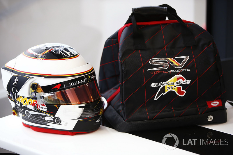 Helmet detail of Stoffel Vandoorne, McLaren, showing a new design for his home grand prix
