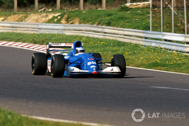 Michael Schumacher tests the Ligier JS39B Renault to evaluate the Renault V10 engine