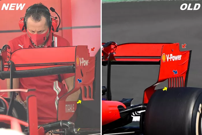 Comparación del nuevo y anterior alerón trasero del Ferrari SF1000