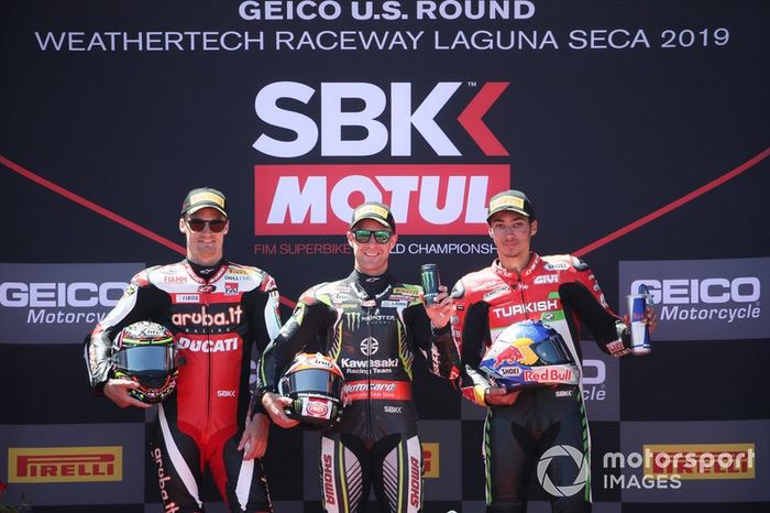 Jonathan Rea, Kawasaki Racing Team, Chaz Davies, Aruba.it Racing-Ducati Team, Toprak Razgatlioglu, Turkish Puccetti Racing, Podium