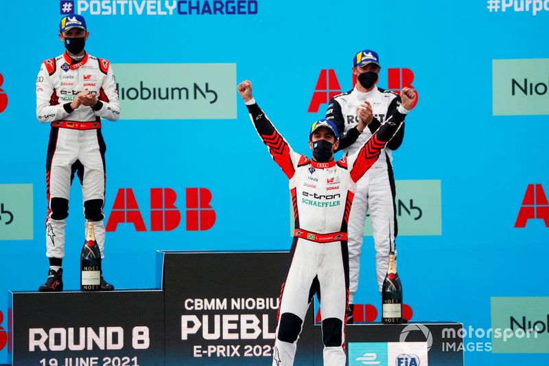 Podio:  segundo lugar René Rast, Audi Sport ABT Schaeffler, ganador Lucas Di Grassi, Audi Sport ABT Schaeffler, tercer lugar Edoardo Mortara, Venturi Racing