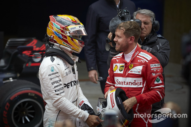 Lewis Hamilton, Mercedes AMG, and Sebastian Vettel, Ferrari in parc ferme