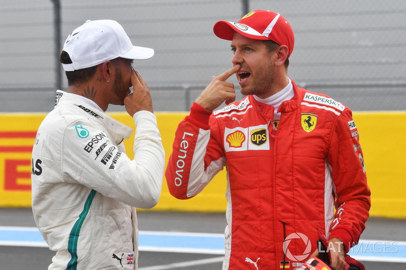 Lewis Hamilton, Mercedes-AMG F1 and Sebastian Vettel, Ferrari in parc ferme