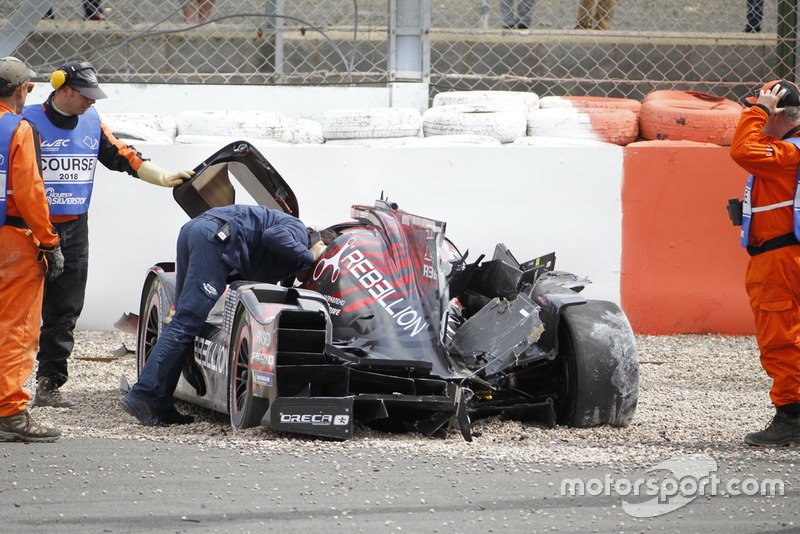 The car of #1 Rebellion Racing Rebellion R-13: Andre Lotterer, Neel Jani, Bruno Senna after the crash