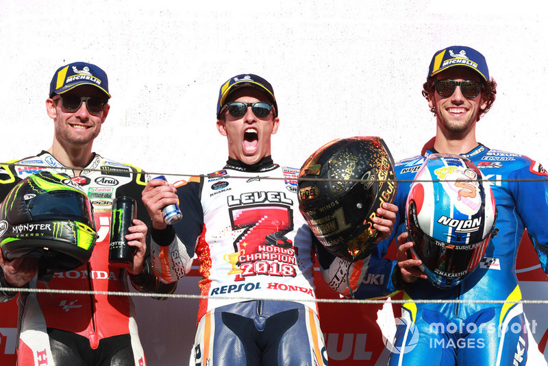 Podio: il vincitore della gara Marc Marquez, Repsol Honda Team, il secondo classificato Cal Crutchlow, Team LCR Honda, il terzo lassificato Alex Rins, Team Suzuki MotoGP