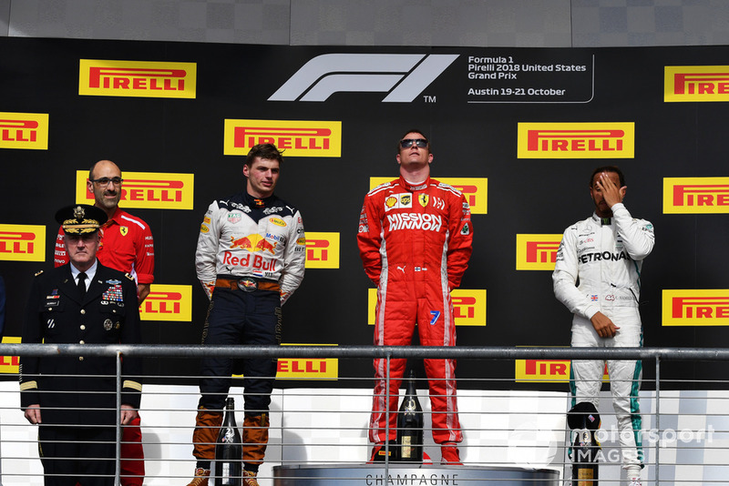 (L to R): Carlo Santi, Ferrari Race Engineer, Max Verstappen, Red Bull Racing, Kimi Raikkonen, Ferrari and Lewis Hamilton, Mercedes AMG F1 on the podium 