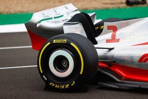 The 2022 Formula 1 car launch event on the Silverstone grid. Rear wing detail