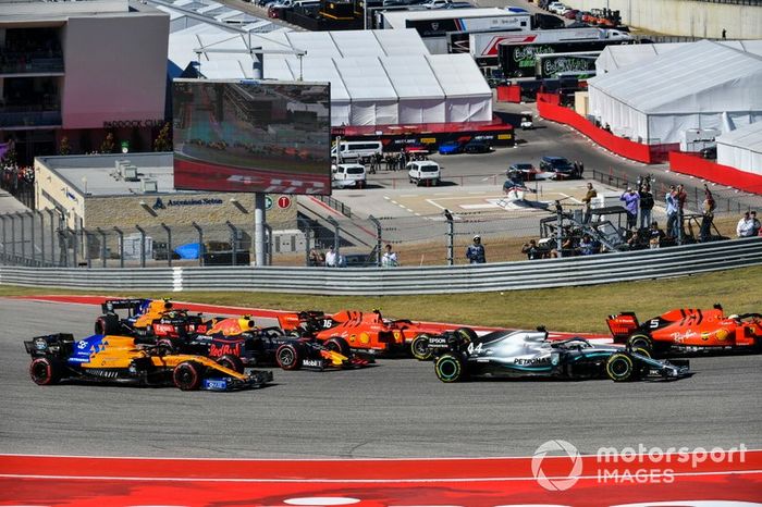 Sebastian Vettel, Ferrari SF90, Lewis Hamilton, Mercedes AMG F1 W10, Charles Leclerc, Ferrari SF90, Alex Albon, Red Bull Racing RB15, Carlos Sainz Jr., McLaren MCL34, y Lando Norris, McLaren MCL34