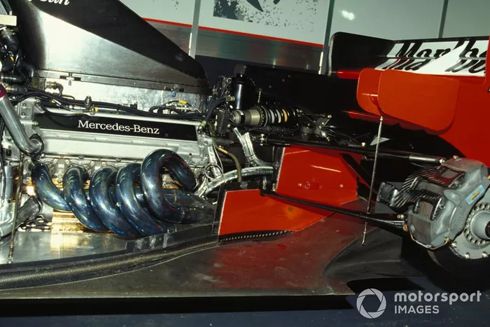 Engine and rear suspension detail on one of the McLaren MP4-10 Mercedes

