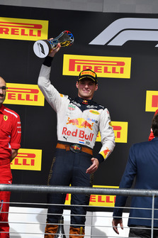 Max Verstappen, Red Bull Racing celebrates on the podium with the trophy