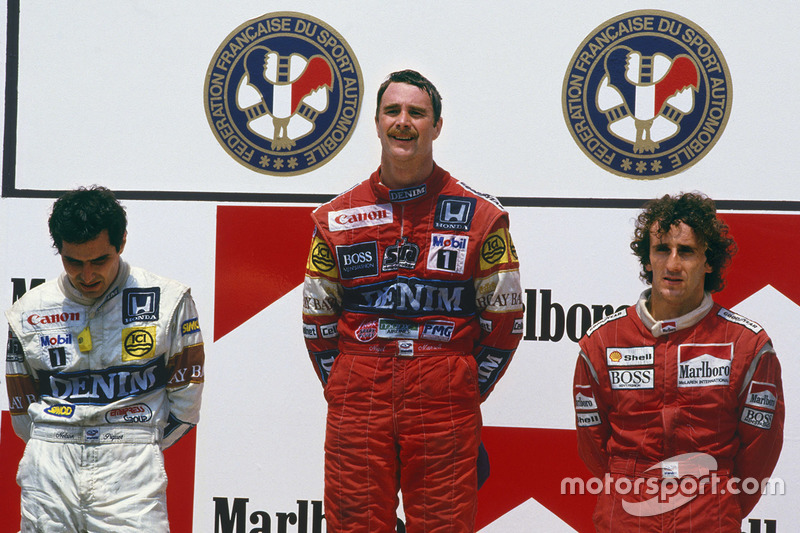 Podium : le vainqueur Nigel Mansell, Williams Honda, le second Nelson Piquet, Williams Honda, le troisième Alain Prost, McLaren TAG Porsche