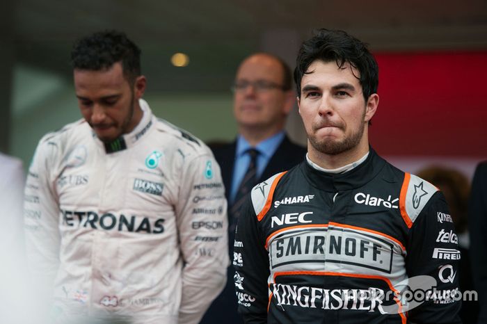 Sergio Perez, Sahara Force India F1, celebra su tercera posición.