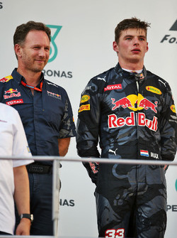 Tweede plaats Max Verstappen, Red Bull Racing en Christian Horner, Red Bull Racing teambaas, op het