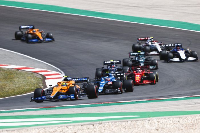 Lando Norris, McLaren MCL35M, Esteban Ocon, Alpine A521, Charles Leclerc, Ferrari SF21, Pierre Gasly, AlphaTauri AT02, Sebastian Vettel, Aston Martin AMR21, George Russell, Williams FW43B, Antonio Giovinazzi, Alfa Romeo Racing C41, Daniel Ricciardo, McLaren MCL35M