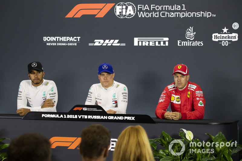 Lewis Hamilton, Mercedes AMG F1, Valtteri Bottas, Mercedes AMG F1 and Sebastian Vettel, Ferrari in press conference