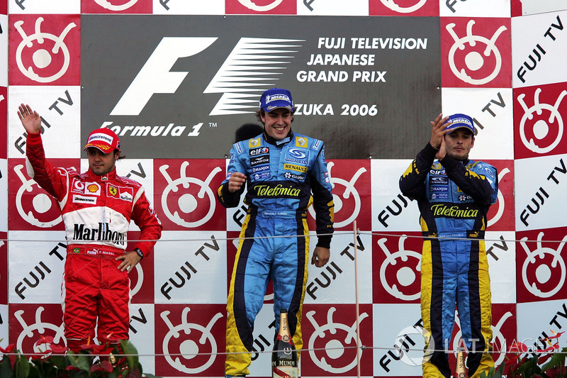 Podium : Felipe Massa, Ferrari, Fernando Alonso, Renault et Giancarlo Fisichella, Renault