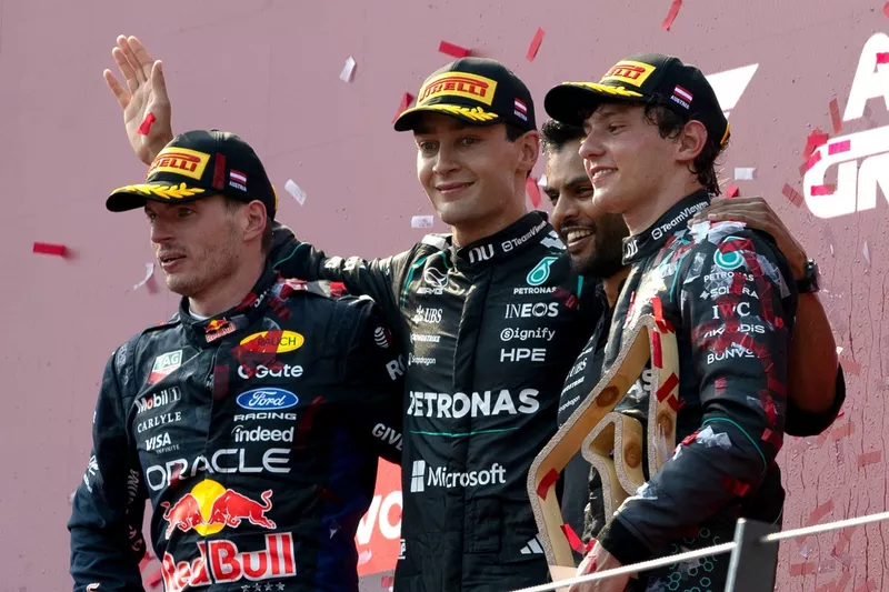 George Russell, Mercedes; Kimi Antonelli, Mercedes; Max Verstappen, Red Bull