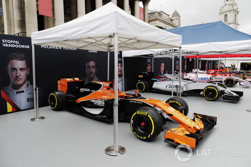 McLaren, Williams and Force India Formula 1 cars in Trafalgar Square ahead of a London demonstration