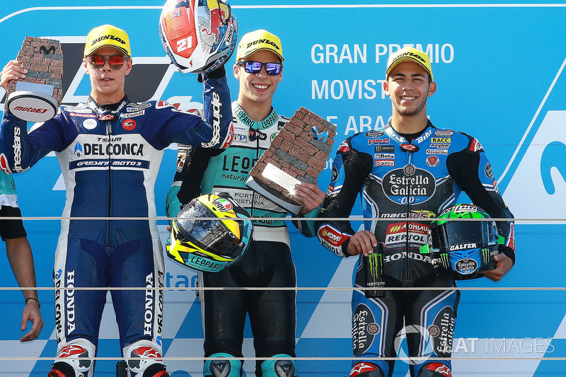 Podium : le vainqueur Joan Mir, Leopard Racing, le deuxième, Fabio Di Giannantonio, Del Conca Gresini Racing Moto3, le troisième, Enea Bastianini, Estrella Galicia 0,0