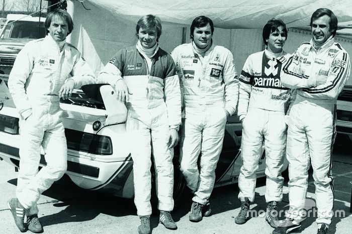 Jacques Laffite, Didier Peroni, Alan Jones, Nelson Piquet e Carlos Reutemann em Zolder, em 13 de maio de 1979