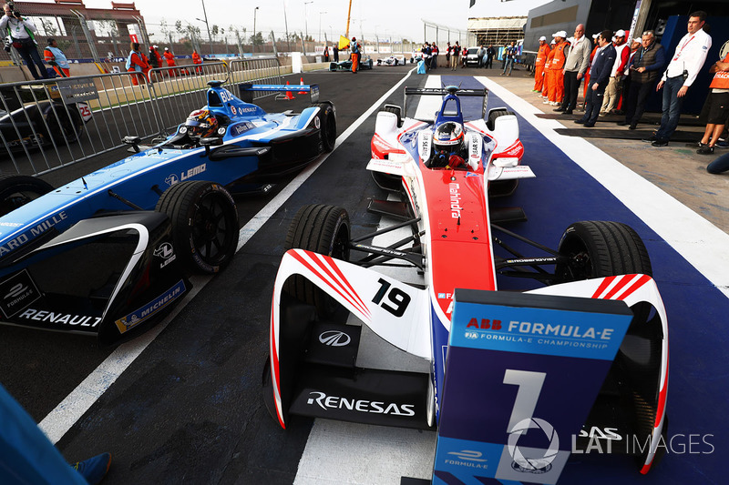 Race winner Felix Rosenqvist, Mahindra Racing, celebrates after winning the race as he returns to parc ferme with Sébastien Buemi, Renault e.Dams