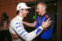 Pierre Gasly, Toro Rosso, and Franz Tost, Team Principal, Toro Rosso, celebrate a 4th place finish