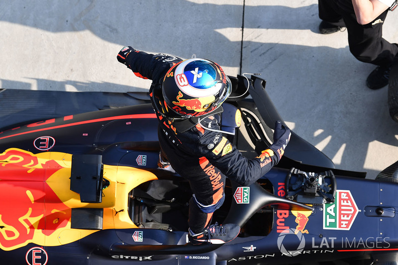 Race winner Daniel Ricciardo, Red Bull Racing RB14 celebrates in parc ferme