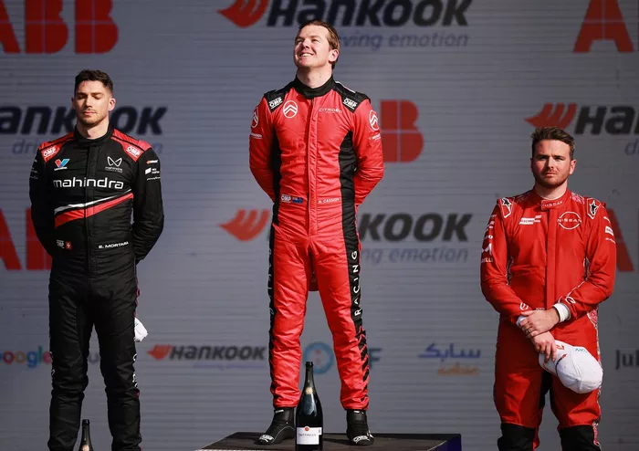 Race winner Nick Cassidy, Citroen Racing, Edoardo Mortara, Mahindra Racing, Oliver Rowland, Nissan Formula E Team
