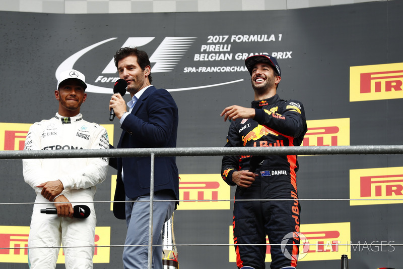 Podium: Race winner Lewis Hamilton, Mercedes AMG F1, talks to Mark Webber, and Daniel Ricciardo, Red Bull Racing