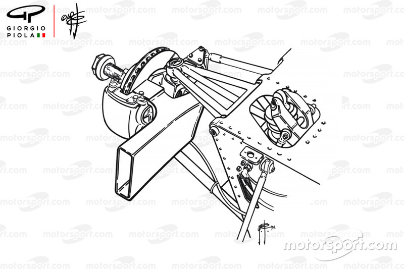 McLaren M23 front suspension and brake duct