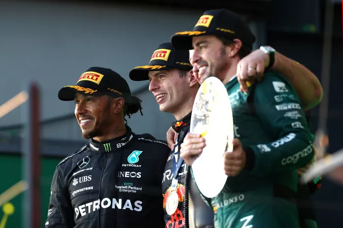 Podio: Ganador de la carrera Max Verstappen, Red Bull Racing, segundo puesto Lewis Hamilton, Mercedes AMG, tercer puesto Fernando Alonso, Aston Martin Racing.