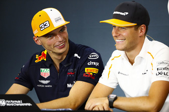 Max Verstappen, Red Bull Racing, and Stoffel Vandoorne, McLaren, in the Thursday press conference