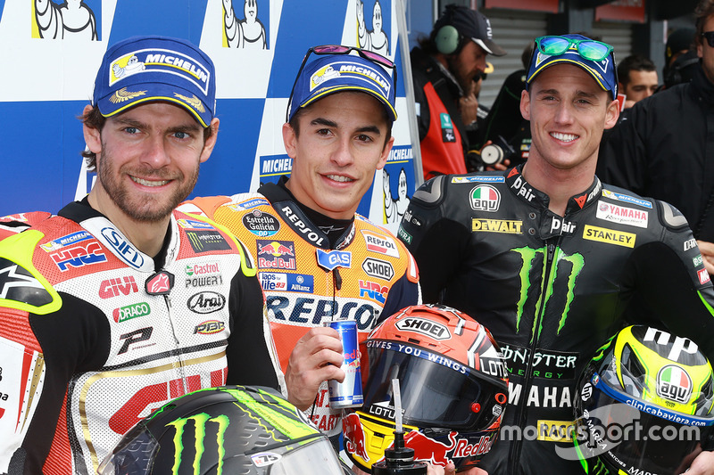 Polesitter Marc Marquez, Repsol Honda Team; 2. Cal Crutchlow, Team LCR, Honda; 3. Pol Espargaro, Mon