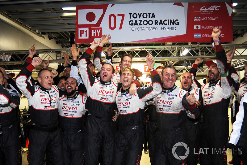 Toyota Gazoo Racing team members celebrate the victory