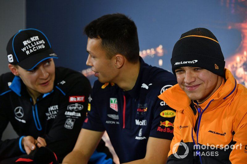 George Russell, Williams Racing, Alexander Albon, Red Bull Racing y Lando Norris, McLaren en la conferencia de prensa 