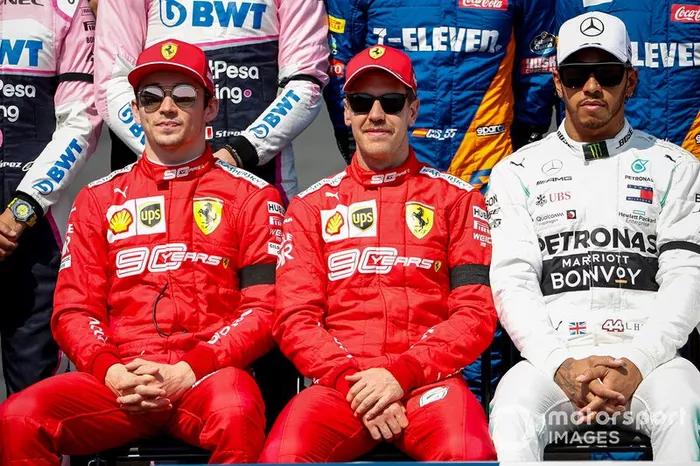 Charles Leclerc, Ferrari, Sebastian Vettel, Ferrari y Lewis Hamilton, Mercedes AMG F1