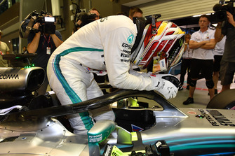 Pole sitter Lewis Hamilton, Mercedes-AMG F1 W09 celebrates in parc ferme